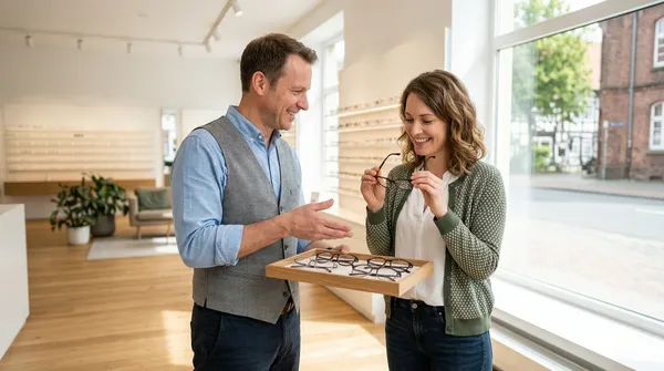 Optiker berät Kundin bei der Brillenauswahl